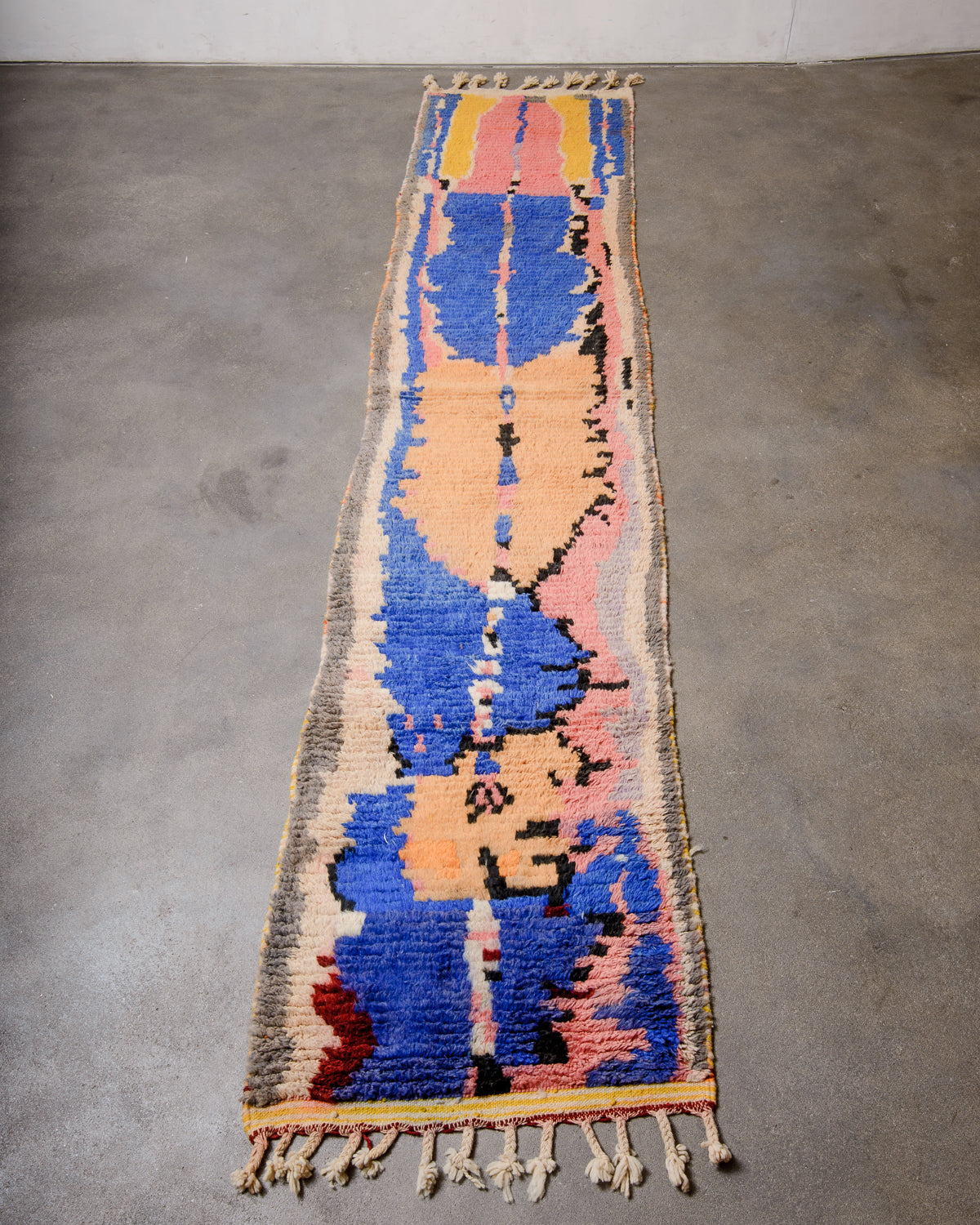 Modern, designer, handcrafted Berber runner rug from Morocco. Vintage carpet with beautiful colours and patterns and fluffy texture.